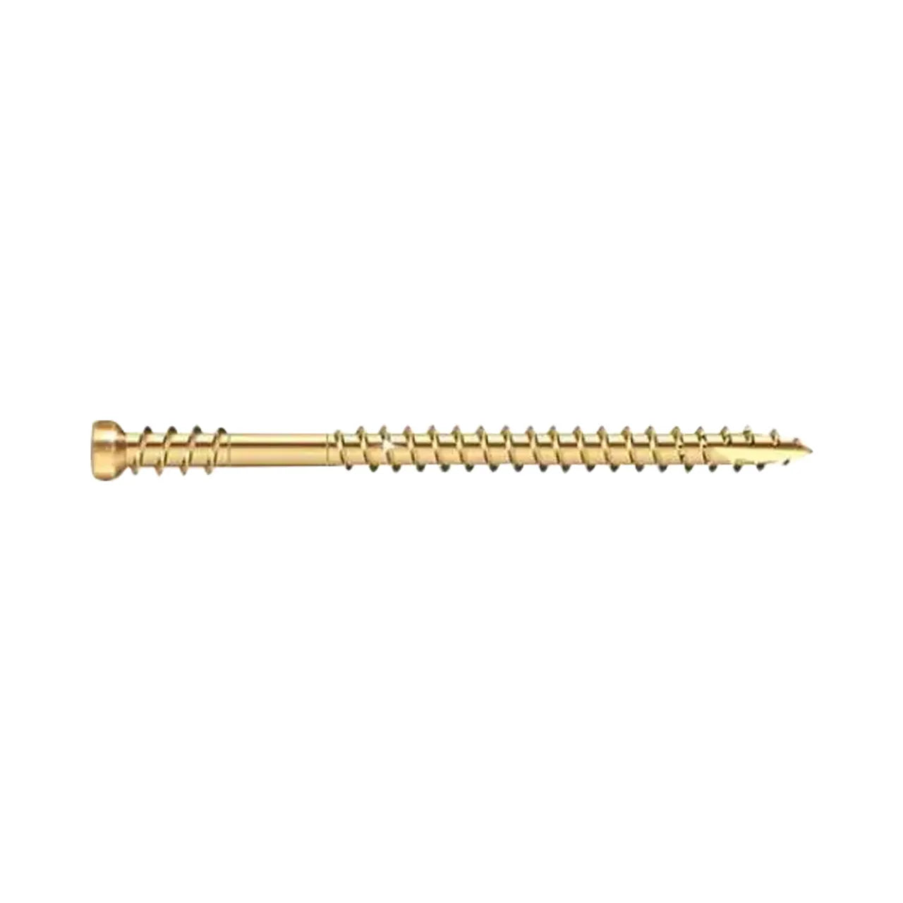A #8 x 2-1/2 in. Go Build Star Drive Composite Trim Head Screw, gold-colored with a flat head and threaded body, is shown horizontally on a plain white background.